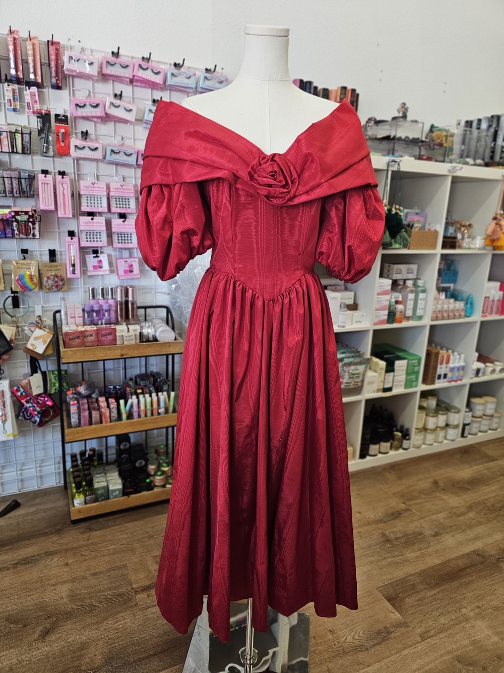 VTG Elegant Off-Shoulder Rose Red Midi Dress with Puff Sleeves
